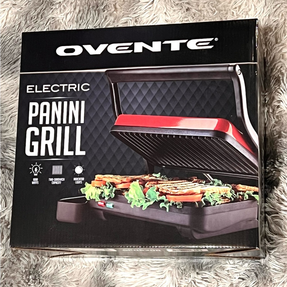 Ovente Electric Panini Grill - Black and Red